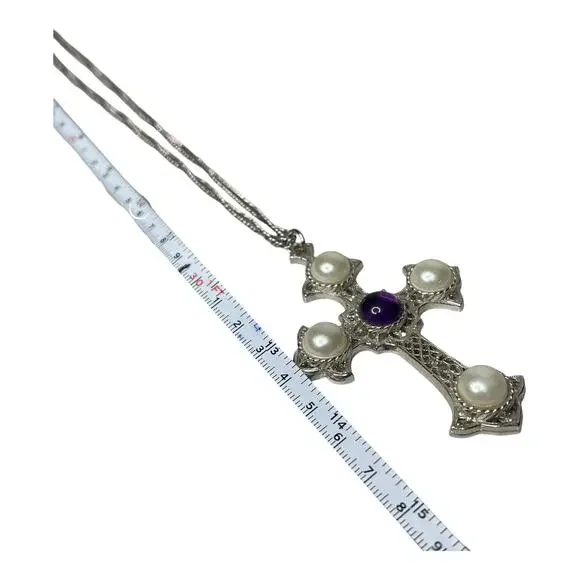Vintage Sarah Coventry Cross Necklace Faux Pearl Purple Cabochon Silver Tone - Picture 8 of 8
